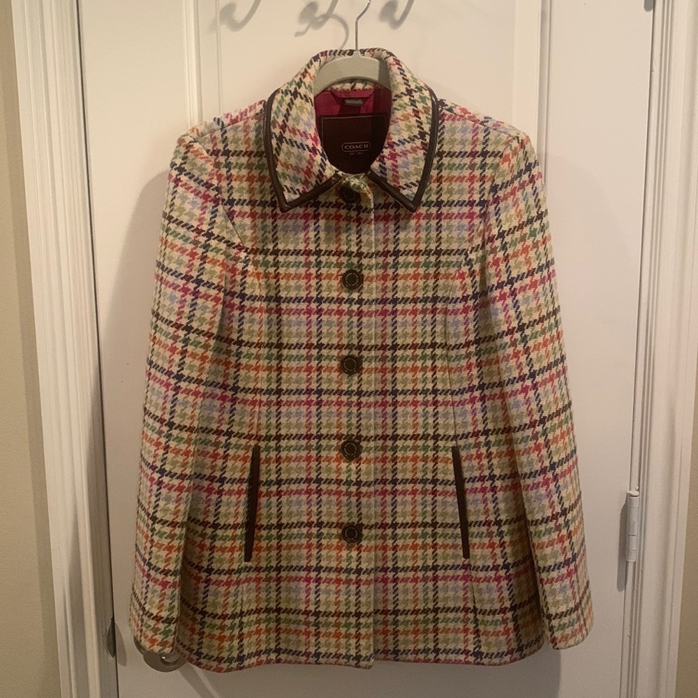 COACH Multicolor Tattersall Houndstooth Pea Coat Jacket with Leather Trim
